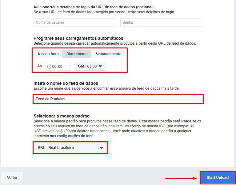 Definir hora e nome do feed