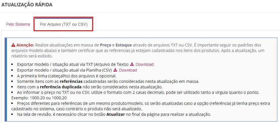 Atualização Rápida TXT ou CSV