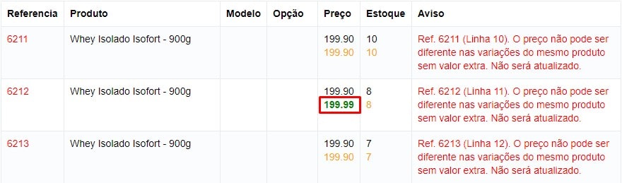 Erro preço diferente sem extra