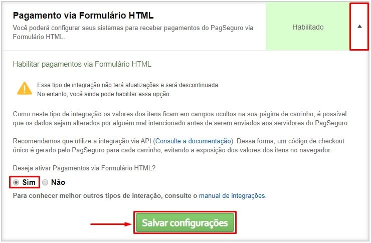 Habilitar HTML PagSeguro