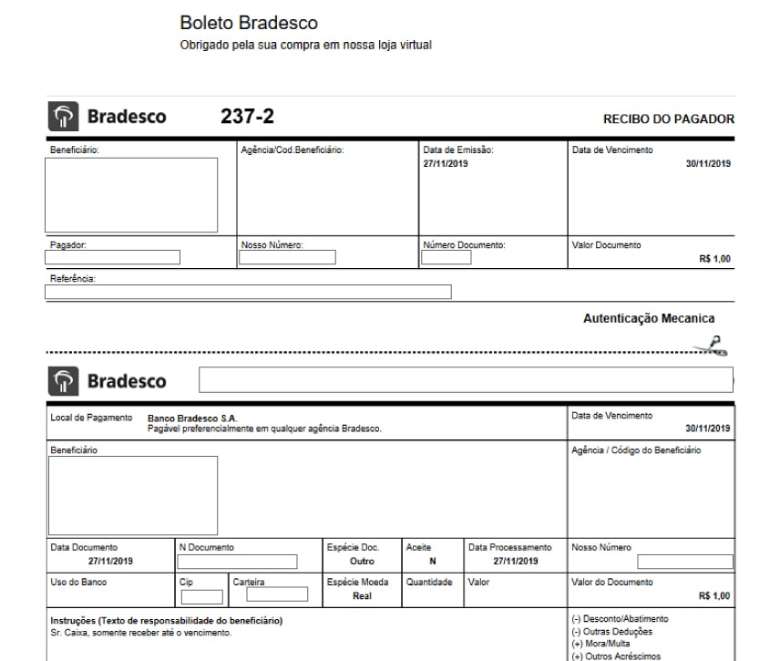 Exemplo de Boleto Final - Como configurar e homologar boleto bancário do Bradesco na Oruc