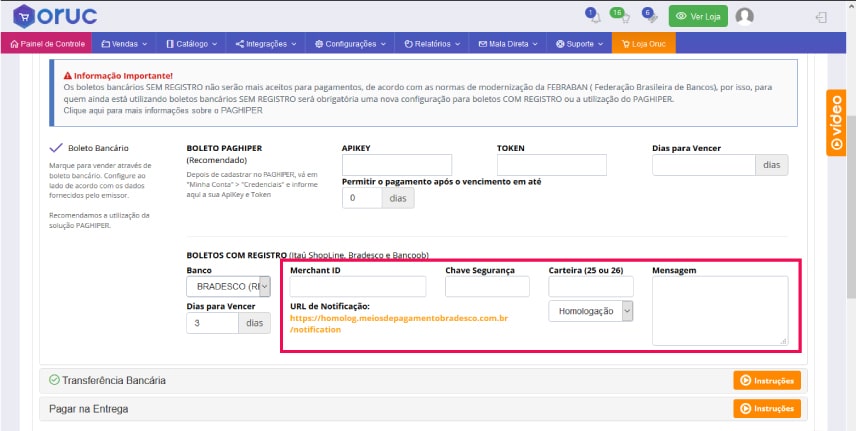 Formulário Boleto Bradesco - Como configurar e homologar boleto bancário do Bradesco na Oruc