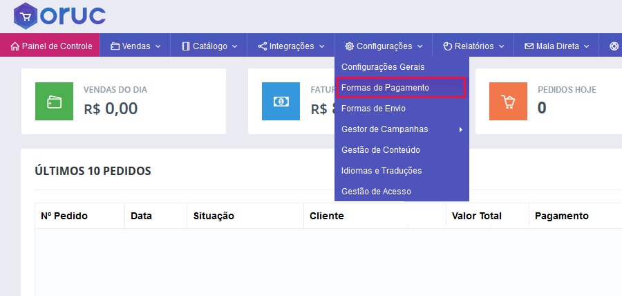 Menu Oruc Formas de Pagamento - Como configurar e homologar boleto bancário do Bradesco na Oruc