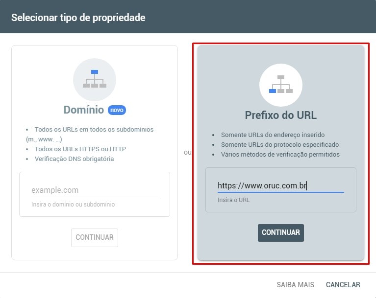 Prefixo do URL Search Console